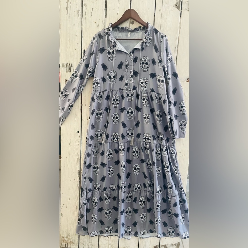 Halloween Dress Long Gray Skull Dress, long sleeve!